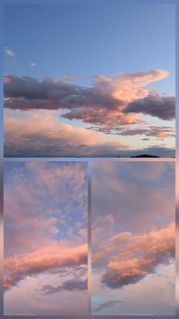 Collage de nuages du soir, de forme allongée avec des replis, les couleurs sont pâles : rose plus ou moins orangé, gris plus ou moins bleuté