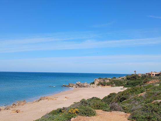 Une petite plage bordée de rocher et de végétation rase. Le sable est blond, la mer très bleue sous le soleil