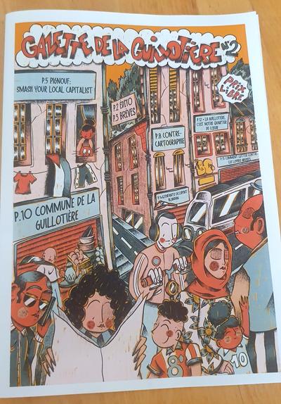 Photo de la couverture d'un magazine format A4. Cest un dessin sur lequel on voit des personnes au premier plan, des bâtiments à l'arrière-plan été titre en haut : "Gazette de la Guillotière"
