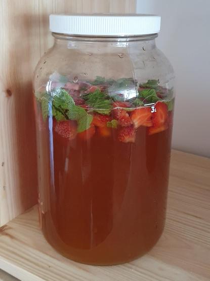 Photo d'une grande jarre avec un liquide orangé. A la surface flottent des morceaux de fraise et des feuilles de menthe.