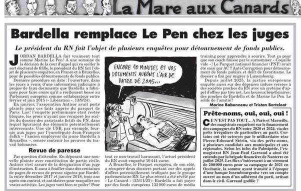 Article du Canard Enchaîné intitulé "Bardella remplace Le Pen chez les juges"