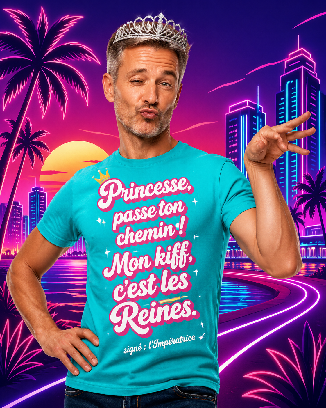 Beau cinquagénaire aux cheveux poivre-et-sel, la barbe de quelques jours, un diadème de brillants sur la tête, prenant la pose façon grande folle. Il porte un tee-shirt couleur turquoise sur lequel est écrit : "Princesse, passe ton chemin ! Mon kiff, c'est les Reines. Signé : l'Impératrice."