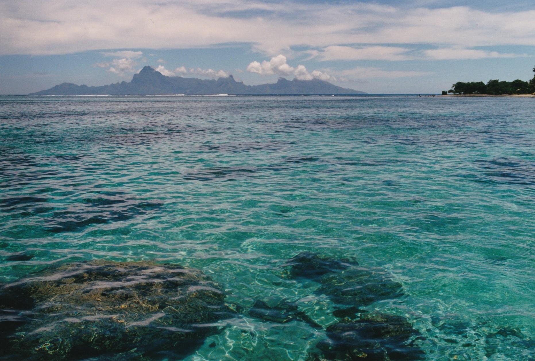La mer bleue et les récifs coralliens, avec en arrière-plan les montagnes volcaniques, sur l'île de Tahiti en Polynésie.
