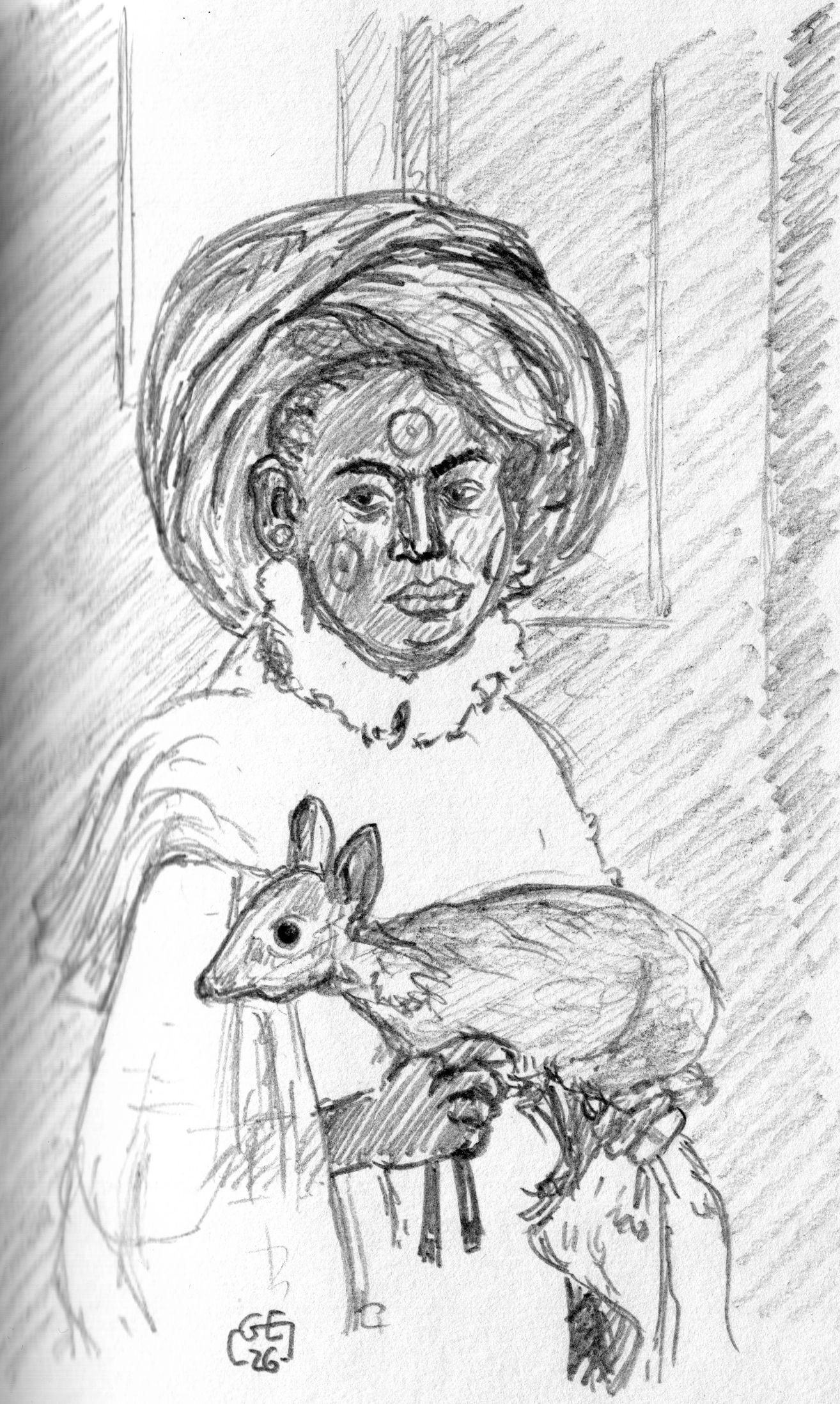 Jeune femme portant son animal de compagnie (sic!) dik-dik à Mombassa, Kenya - Photographié par Underwood & Underwood en 1909, National Geographic - Dessin au crayons noirs d'après la photo modèle.

🇬🇧 Young woman holding her pet (sic!) dik-dik in Mombassa, Kenya - Photographied by Underwood & Underwood, National Geographic - Pencil drawing after the model photograph.