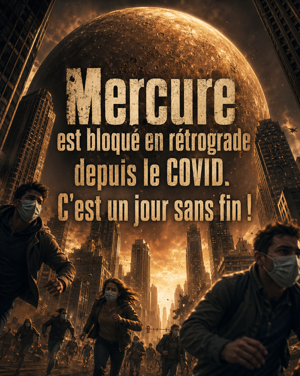 Image d'apocalypse dans une cité où le ciel est rempli par la planète Mercure. Un texte couvre l'image, disant: Mercure est bloqué en rétrograde depuis le COVID. C'est un jour sans fin.