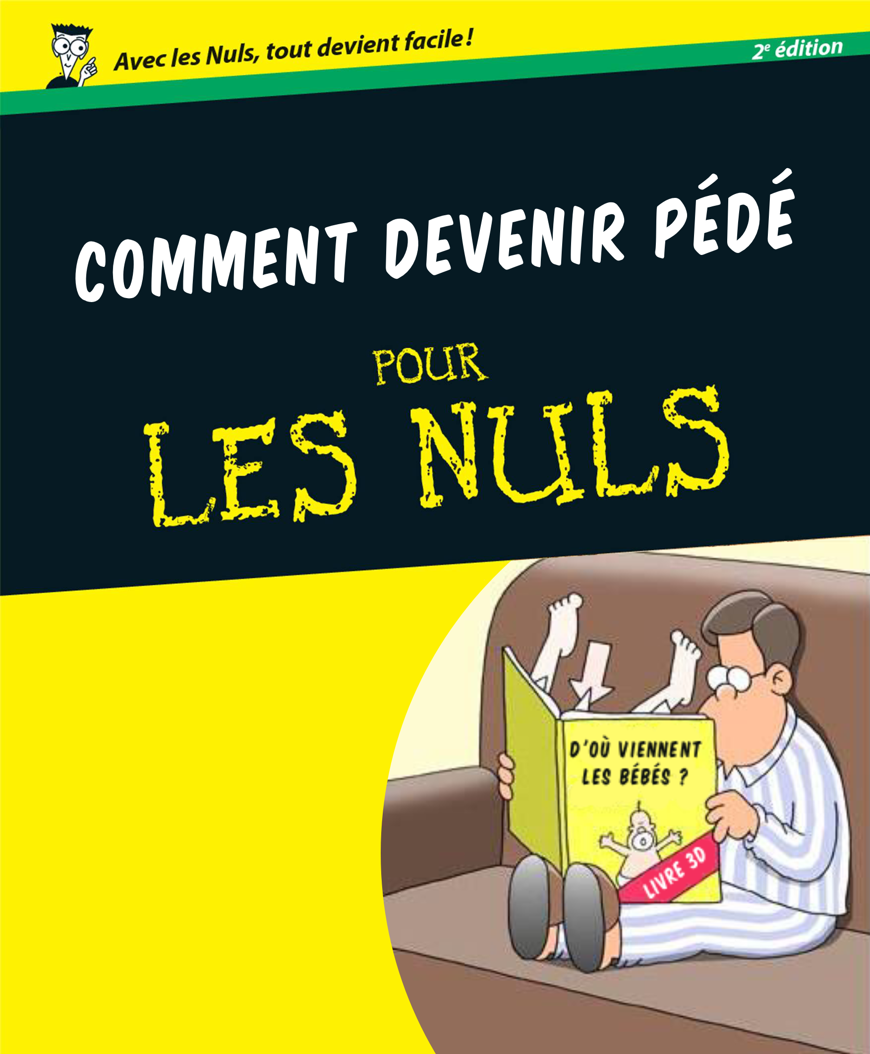 Fausse couverture d'un livre de la collection "pour les nuls" intitulée "comment devenir pédé pour les nuls". L'illustration montre un petit garçon lisant un livre en 3D intitulé "d'où viennent les bébés ?" duquel on voit jaillir deux jambes écartées.