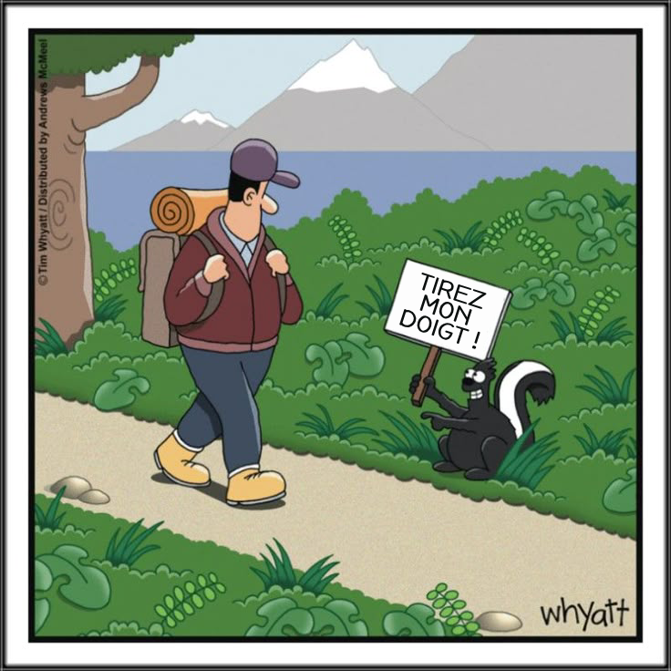 Comics, du dessinateur Tim Whyatt, montrant un randonneur passant à côté d"un putois qui brandit un panneau où il est écrit : "Tirez mon doigt !"