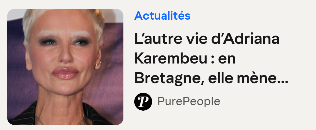 Article avec une photo d'Adriana Karembeu qui a une coupe de cheveux courte, les sourcils peroxydés, les yeux charbonneux et une bouche ultra siliconée ripolinée en rose.