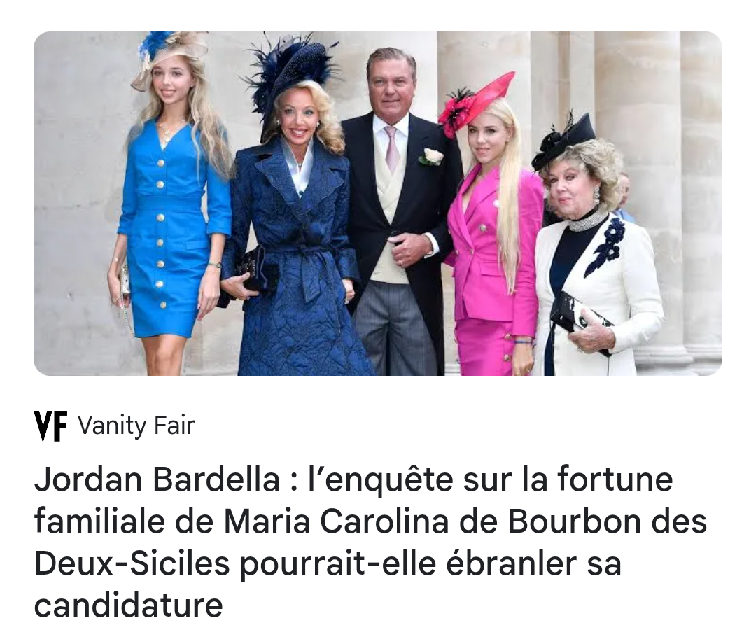 Accroche d'un article à propos de la famille de Maria Carolina de Bourbon des Deux-Siciles (soit-disant free de Jordan Bardella). La photo qui l'illustre montre des personnes ressemblant à une bande de drag-queens.