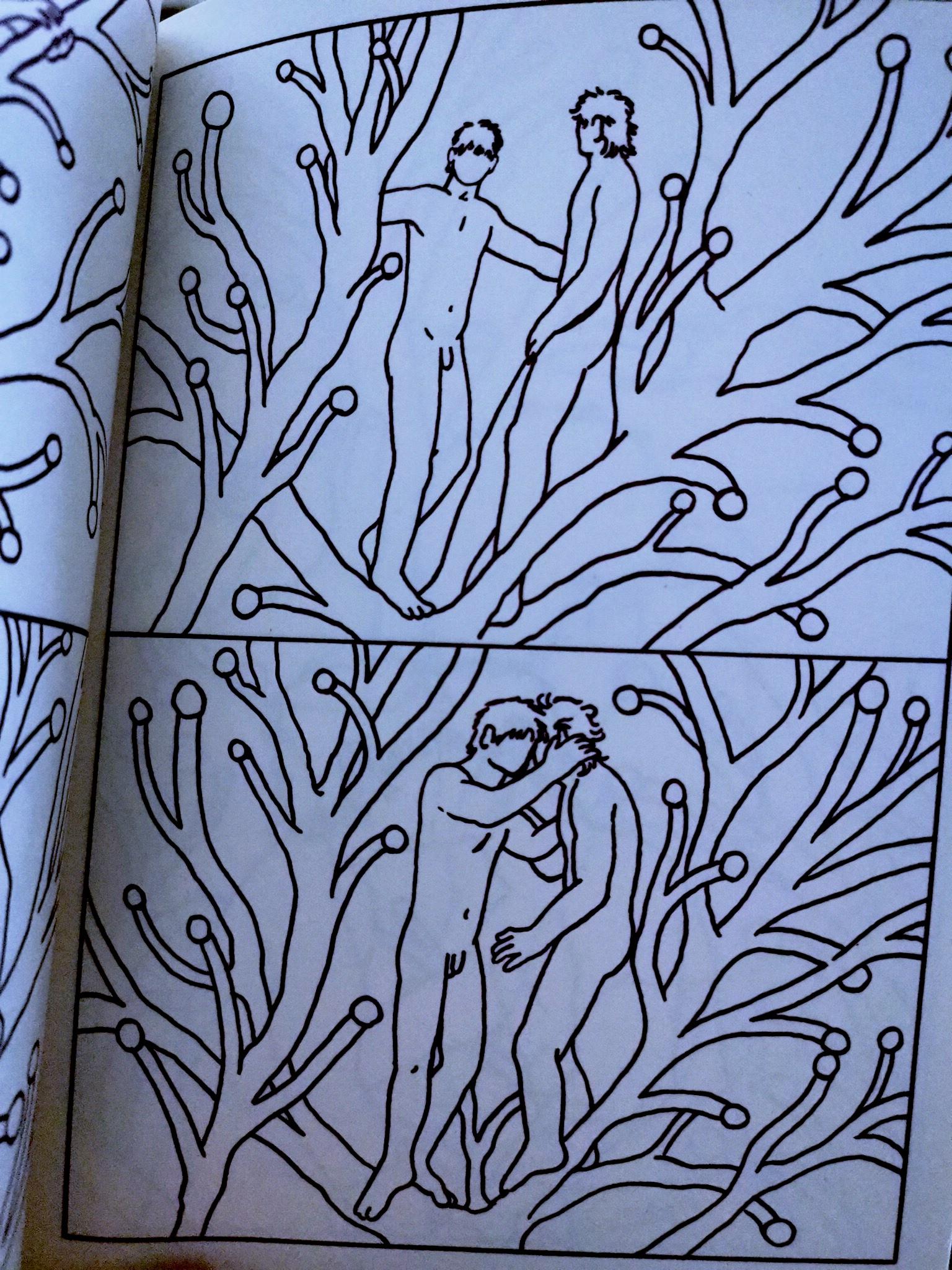 Dessin au trait noir : dans des plantes géantes, deux jeunes hommes nus se tiennent debout, face à face, les tetesd rapprochées.