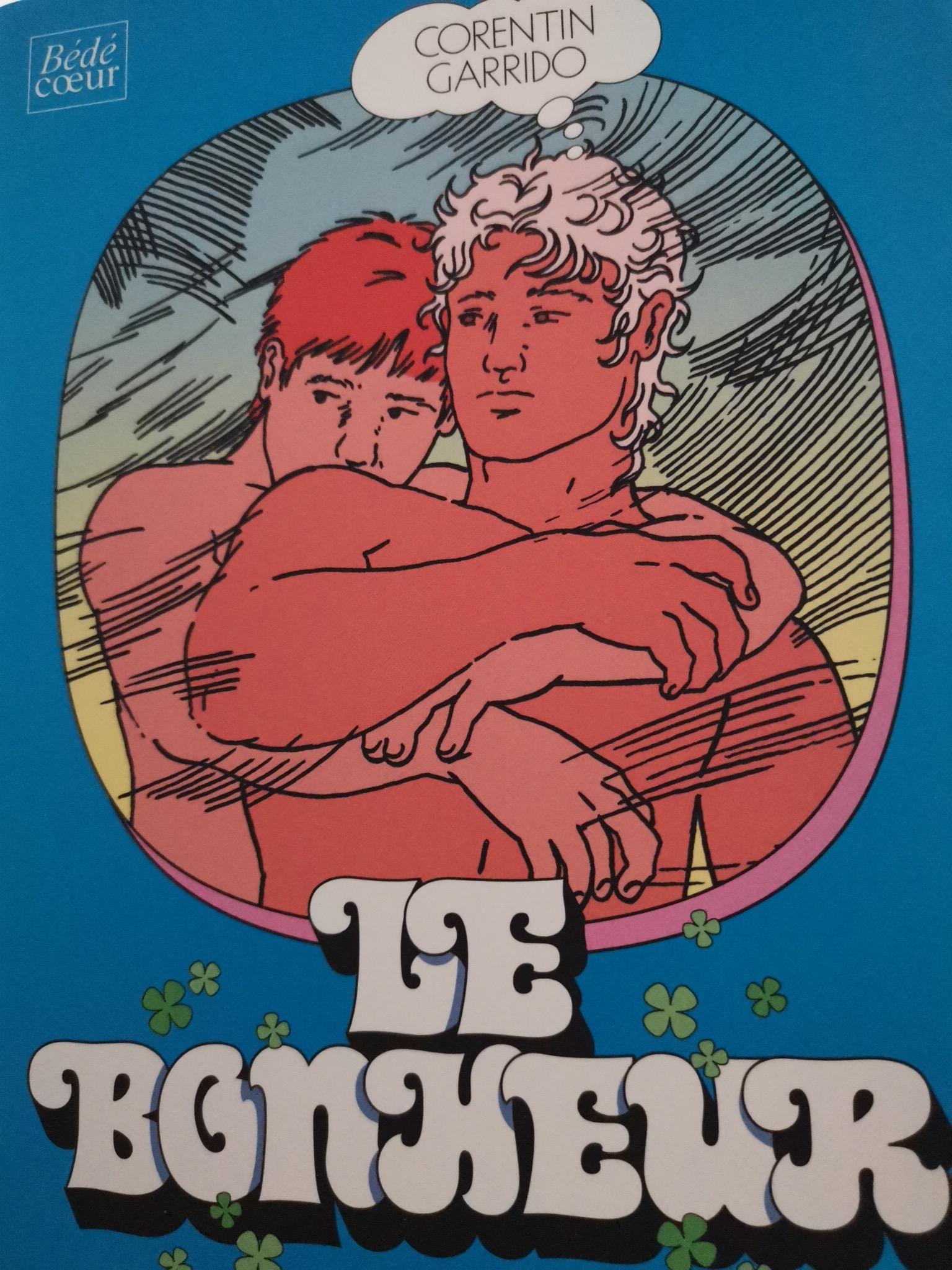 Couverture de la  bédé "Le bonheur" de Corentin Garrido. Un jeune homme caucasien blond torse nu est enlacé par derrière pas un autre jeune homme caucasien roux.