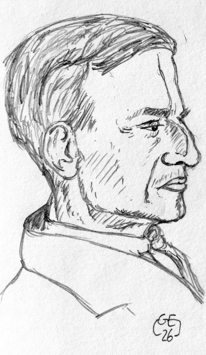 Dessin aux crayon noir d'après le modèle proposé du profil d'un vendeur de journaux. 

Black pencil drawing based on the proposed model of a newspaper seller's profile.