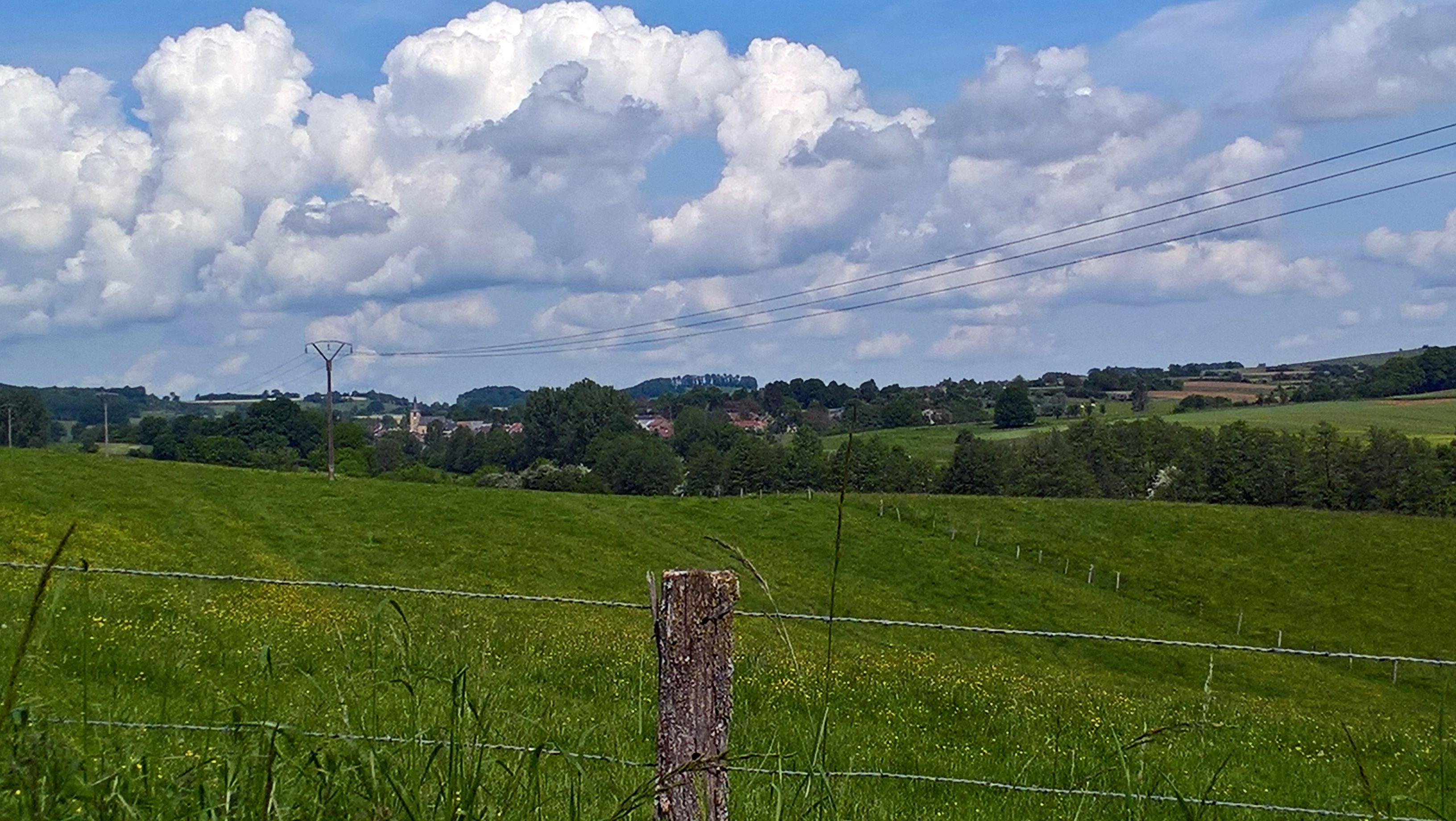 Un paysage légèrement vallonné à la fin du printemps, l'herbe des pâtures est bien verte de même que les arbres et arbustes. Dans le fond, on peut voir un village niché dans cet écrin de verdure. Le ciel est chargé de cumulus. 

A slightly hilly landscape at the end of spring, the pasture grass is very green as are the trees and shrubs. In the background, we can see a village nestled in this green setting. The sky is full of cumulus clouds.