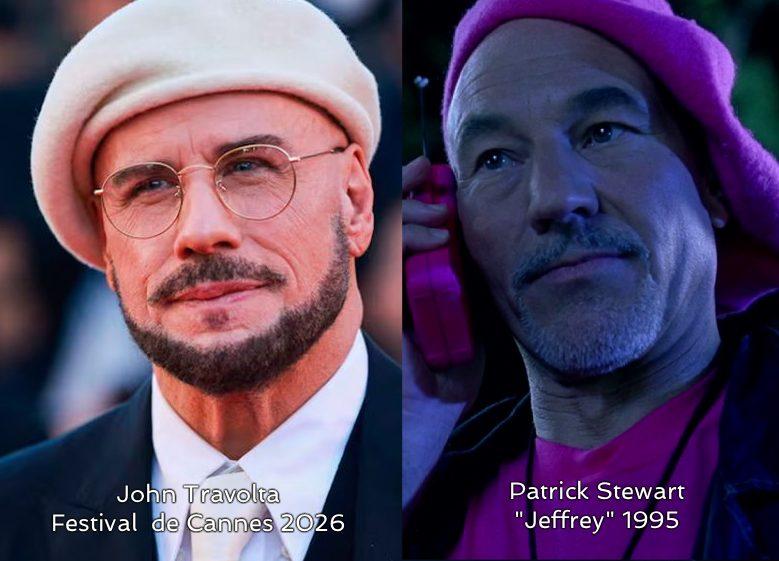 Montage juxtaposant deux photos. L'une de John Travolta au Festival de Cannes en 2026 et l'autre de Patrick Stewart dans le film Jeffrey en 1995. Dans le film Jeffrey, Patrick Stewart incarne un personnage gay flamboyant. Dans cette photo, on le voit avec un béret et un tee-shirt rose fuchsia alors qu'il patrouille dans les rues pour les Pink Panthers, un groupe de vigilance contre les agressions homophobes. John Travolta porte un béret très similaire à celui du personnage de Patrick Stewart, mais en version écrue.