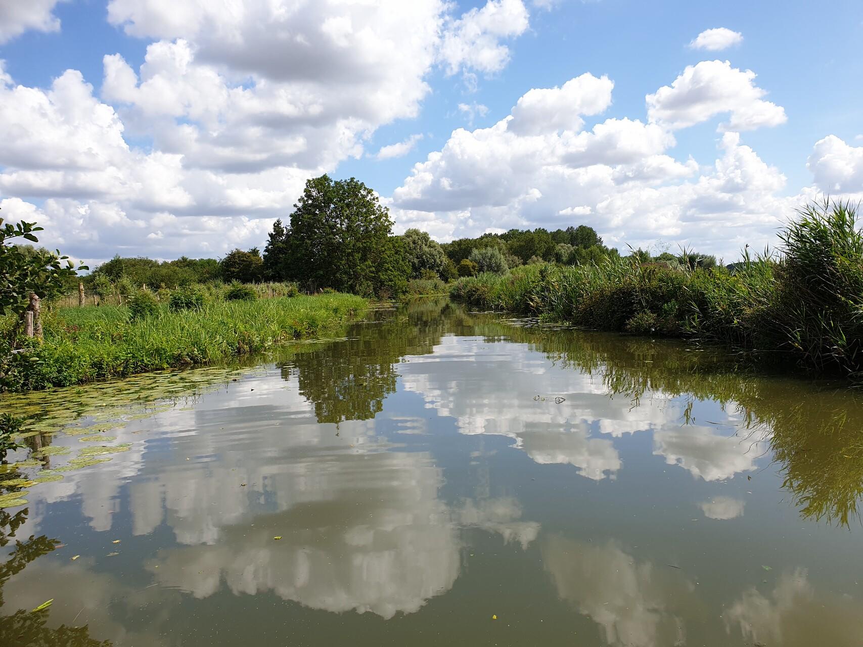 Nuages se réfléchissant dans la rivière du Zieux, dans l’Audomarois près de Saint-Omer, marquant la frontière entre le Nord et le Pas-de-Calais.