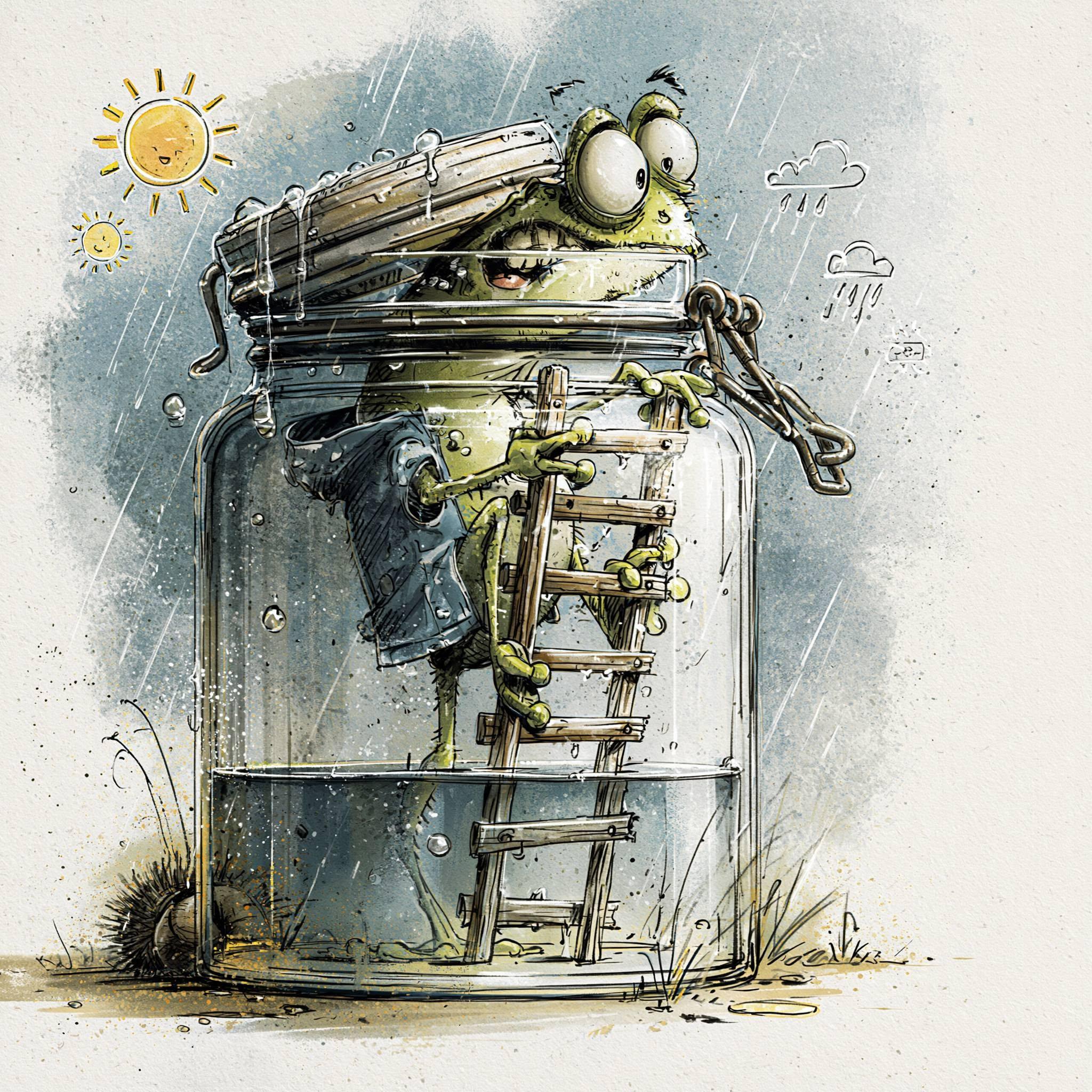 Dessin montrant une grenouille dans un bocal, qui tente d'en sortir en gravissant une échelle.