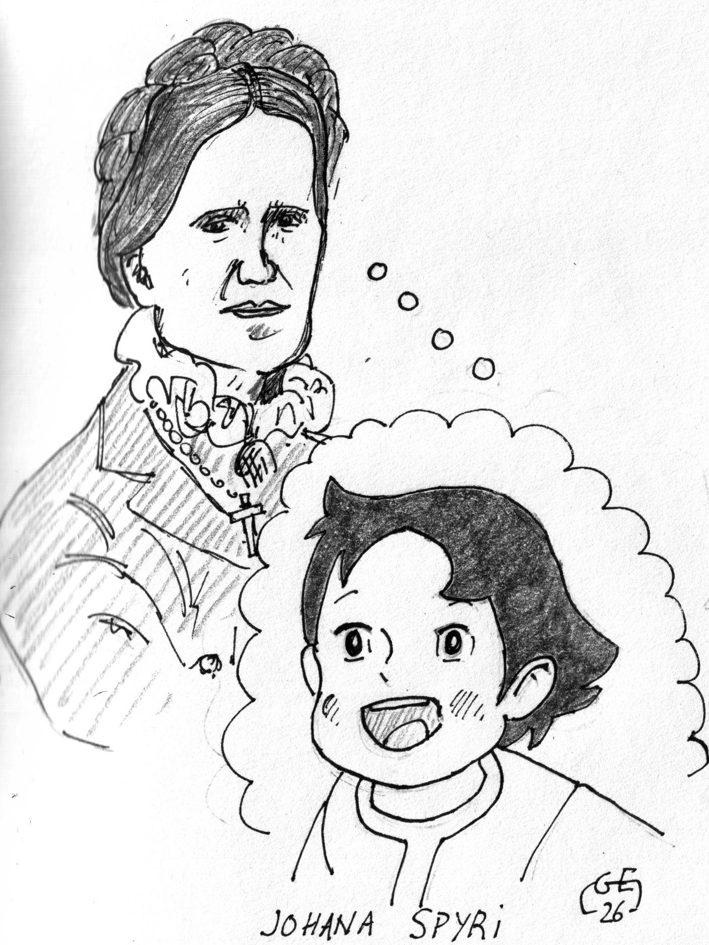 Johana Spyri et son personnage célèbre : Heidi dans sa version anime japonais des années 1980.

Johana Spyri and her famous character: Heidi in her Japanese anime version from the 1980s.