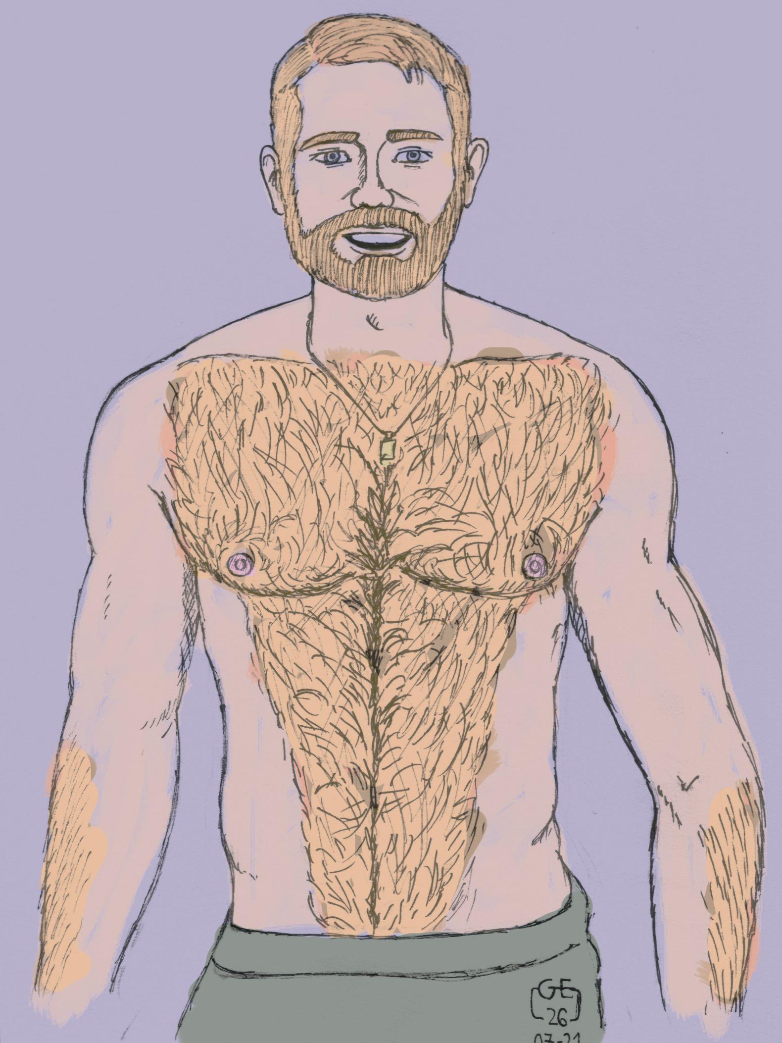 Homme barbu et très poilu, encre sur papier, colorisation avec Krita.

Bearded and very hairy man, ink on paper, colorized with Krita.