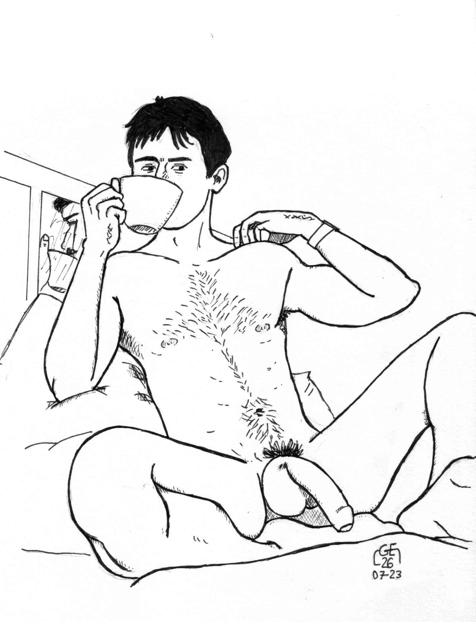 Un homme nu assis dans son lit et buvant un café - encre sur papier
A naked man sitting in bed and drinking coffee - ink on paper