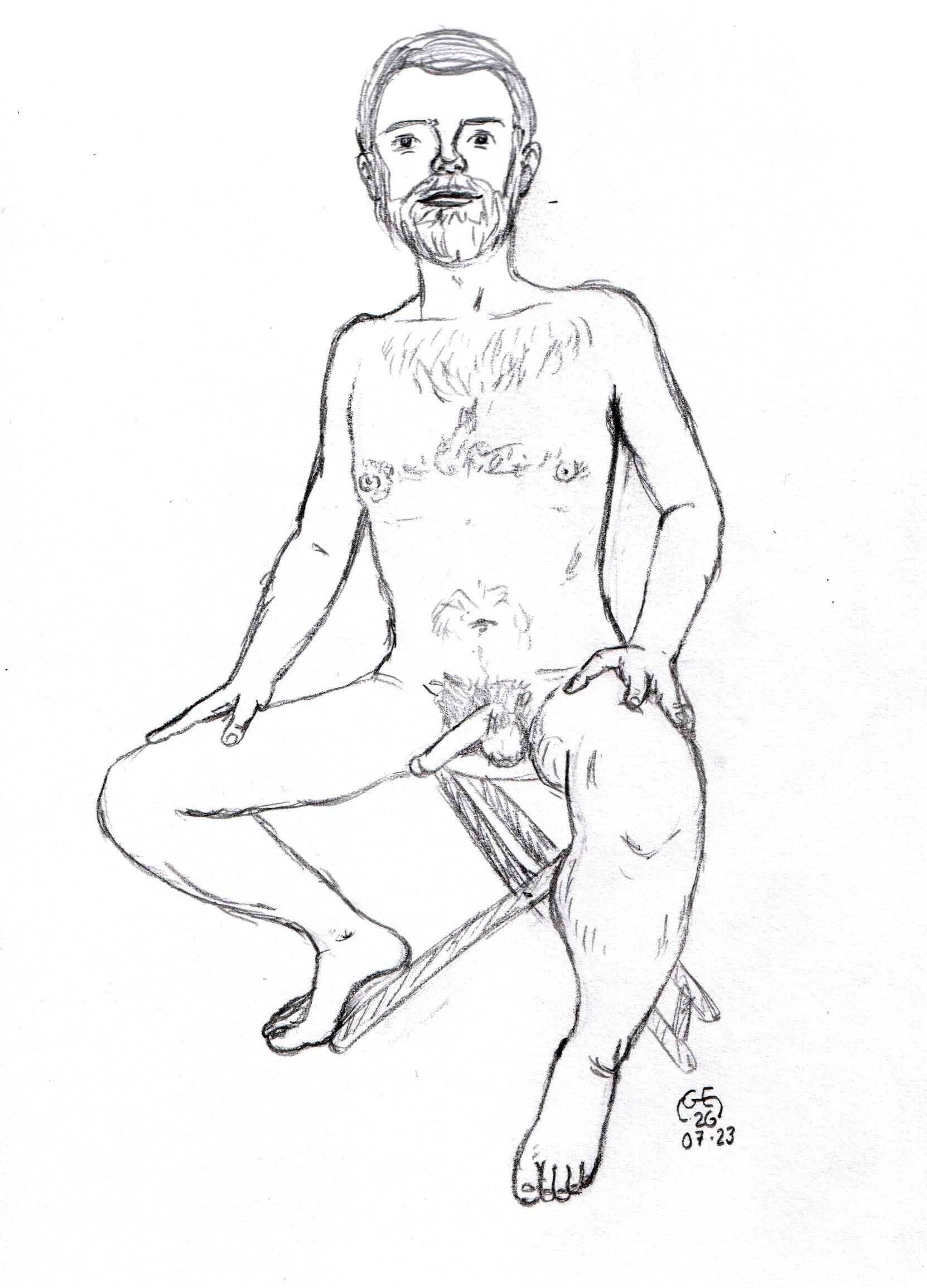 Dessin crayon sur papier, un homme assis sur un tabouret totalement nu.
