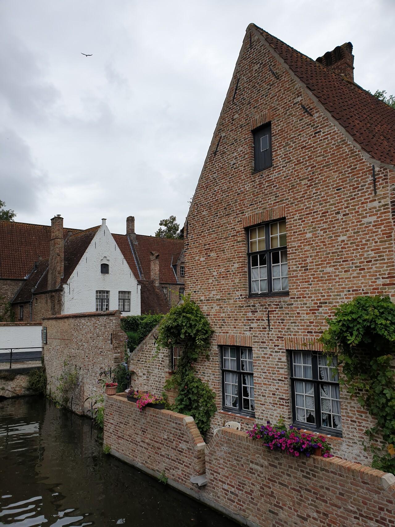 Maison de briques rouges percée de fenêtres au bord d’un canal, au Béguinage de Bruges en Belgique.