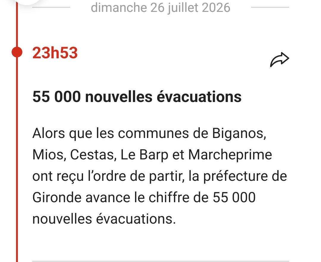23h53

55 000 nouvelles évacuations

Alors que les communes de Biganos, Mios, Cestas, Le Barp et Marcheprime ont reçu l'ordre de partir, la préfecture de Gironde avance le chiffre de 55 000 nouvelles évacuations.