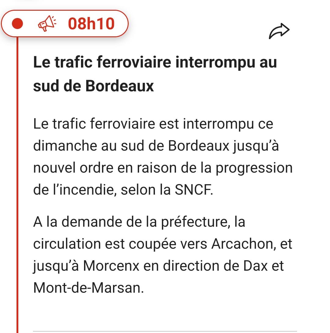 Le trafic ferroviaire interrompu au sud de Bordeaux

Le trafic ferroviaire est interrompu ce dimanche au sud de Bordeaux jusqu’à nouvel ordre en raison de la progression de l’incendie, selon la SNCF.

A la demande de la préfecture, la circulation est coupée vers Arcachon, et jusqu’à Morcenx en direction de Dax et Mont-de-Marsan.