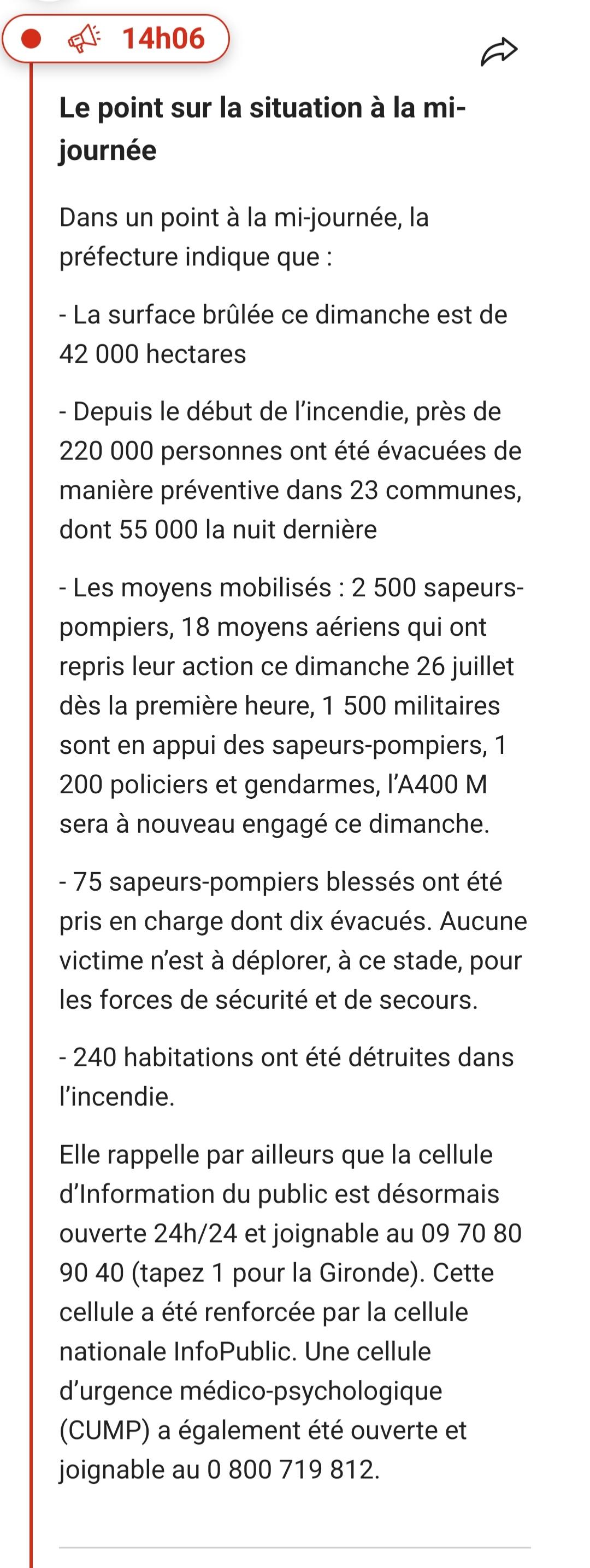 Le point sur la situation à la mi- 26 juil. > journée 14:10

Sauvegarder

Dans un point à la mi-journée, la

préfectur

- La surface brûlée ce dimanche est de 42 000 hectares

Depuis le début de l'incendie, près de 220 000 personnes ont été évacuées de manière préventive dans 23 communes, dont 55 000 la nuit dernière

- Les moyens mobilisés: 2 500 sapeurs- pompiers, 18 moyens aériens qui ont repris leur action ce dimanche 26 juillet dès la première heure, 1 500 militaires sont en appui des sapeurs-pompiers, 1 200 policiers et gendarmes, l'A400 M sera à nouveau engagé ce dimanche.

75 sapeurs-pompiers blessés ont été pris en charge dont dix évacués. Aucune victime n'est à déplorer, à ce stade, pour les forces de sécurité et de secours.

- 240 habitations ont été détruites dans l'incendie.

Elle rappelle par ailleurs que la cellule d'Information du public est désormais ouverte 24h/24 et joignable au 09 70 80 90 40 (tapez 1 pour la Gironde). Cette cellule a été renforcée par la cellule nationale InfoPublic. Une cellule d'urgence médico-psychologique (CUMP) a également été ouverte et

joignable au 800 719 812.