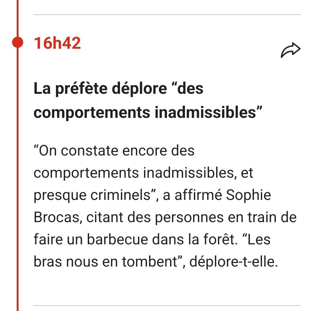 16h42
La préfète déplore “des comportements inadmissibles”

“On constate encore des comportements inadmissibles, et presque criminels”, a affirmé Sophie Brocas, citant des personnes en train de faire un barbecue dans la forêt. “Les bras nous en tombent”, déplore-t-elle.