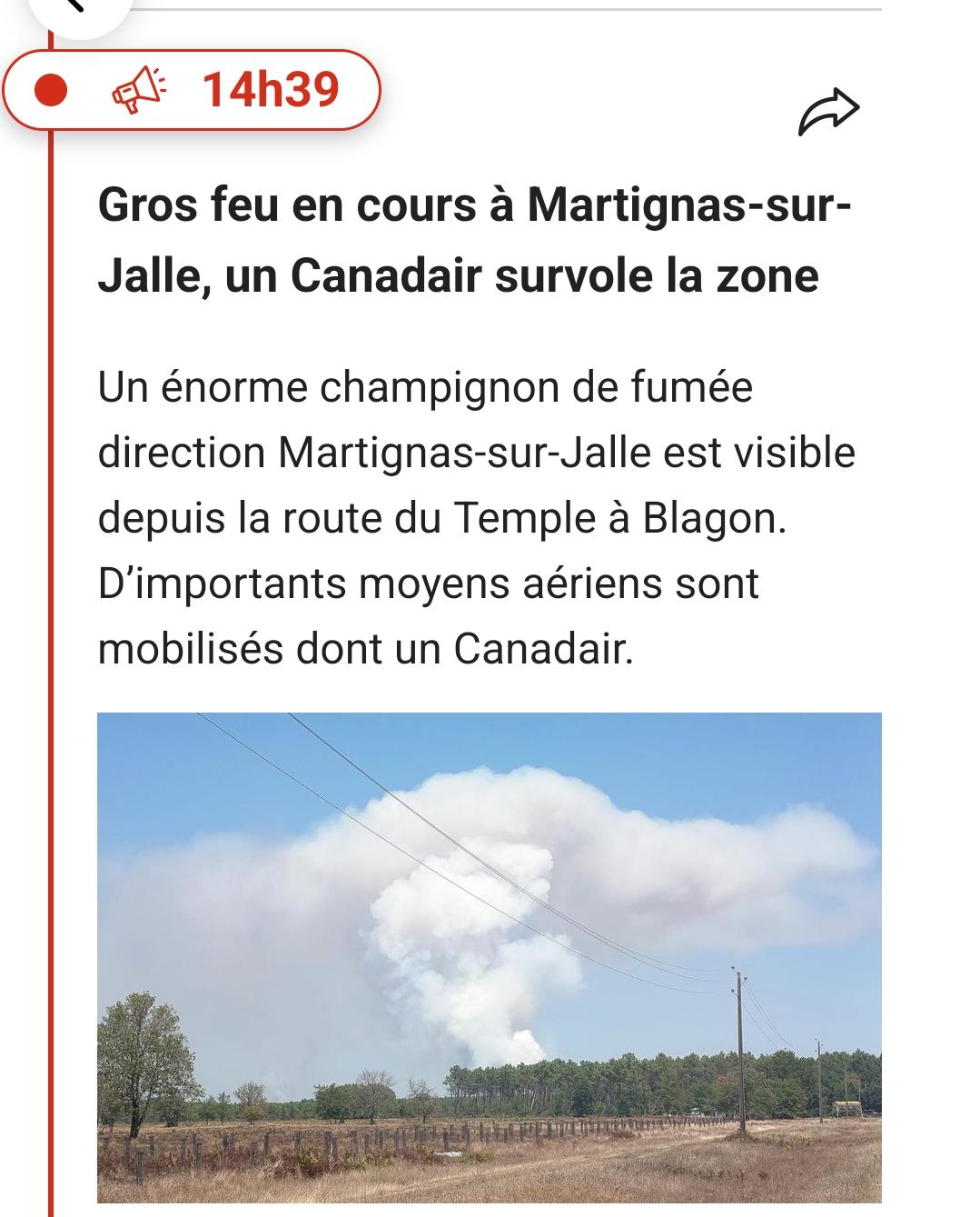 14h39

Gros feu en cours à Martignas-sur- Jalle, un Canadair survole la zone

Un énorme champignon de fumée direction Martignas-sur-Jalle est visible depuis la route du Temple à Blagon. D'importants moyens aériens sont mobilisés dont un Canadair.
Source sud-ouest