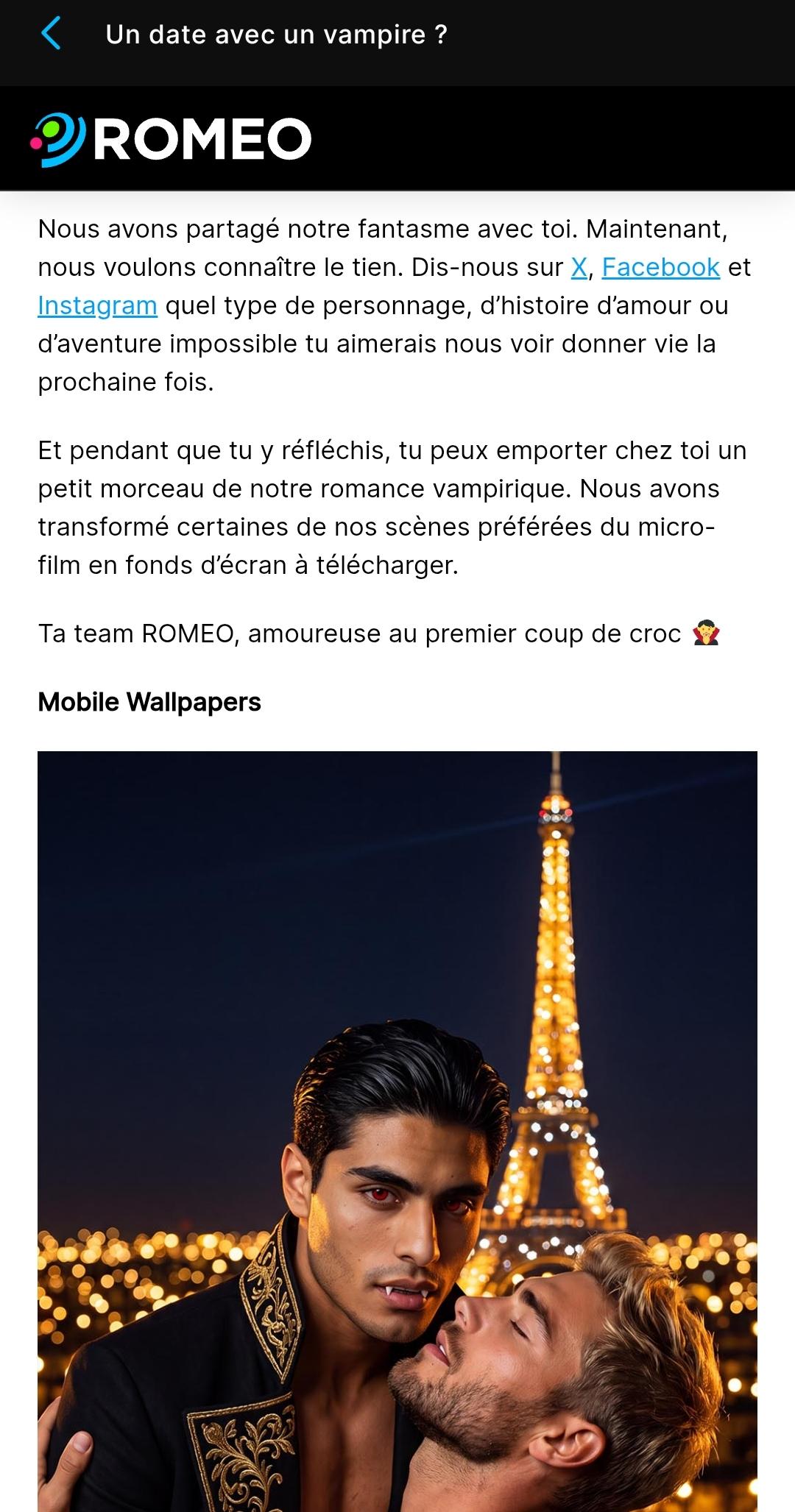 Screenshot from the app Romeo with an AI-generated image and a text promoting their accounts on X, Facebook and Instagram
