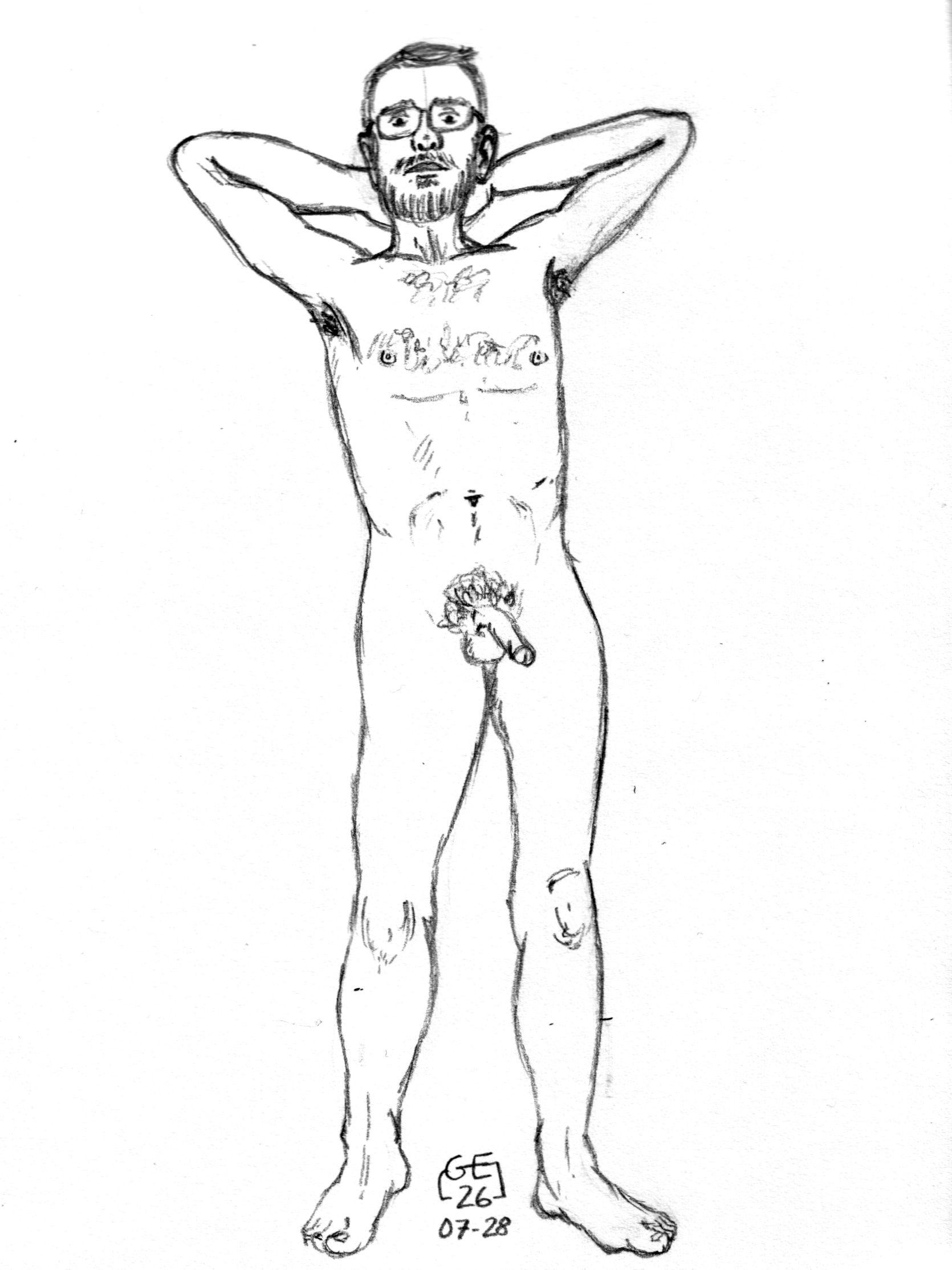 Un homme posant nu avec les bras derrière la nuque. Dessin au crayon sur papier.

A man posing naked with his arms behind his neck. Pencil drawing on paper.