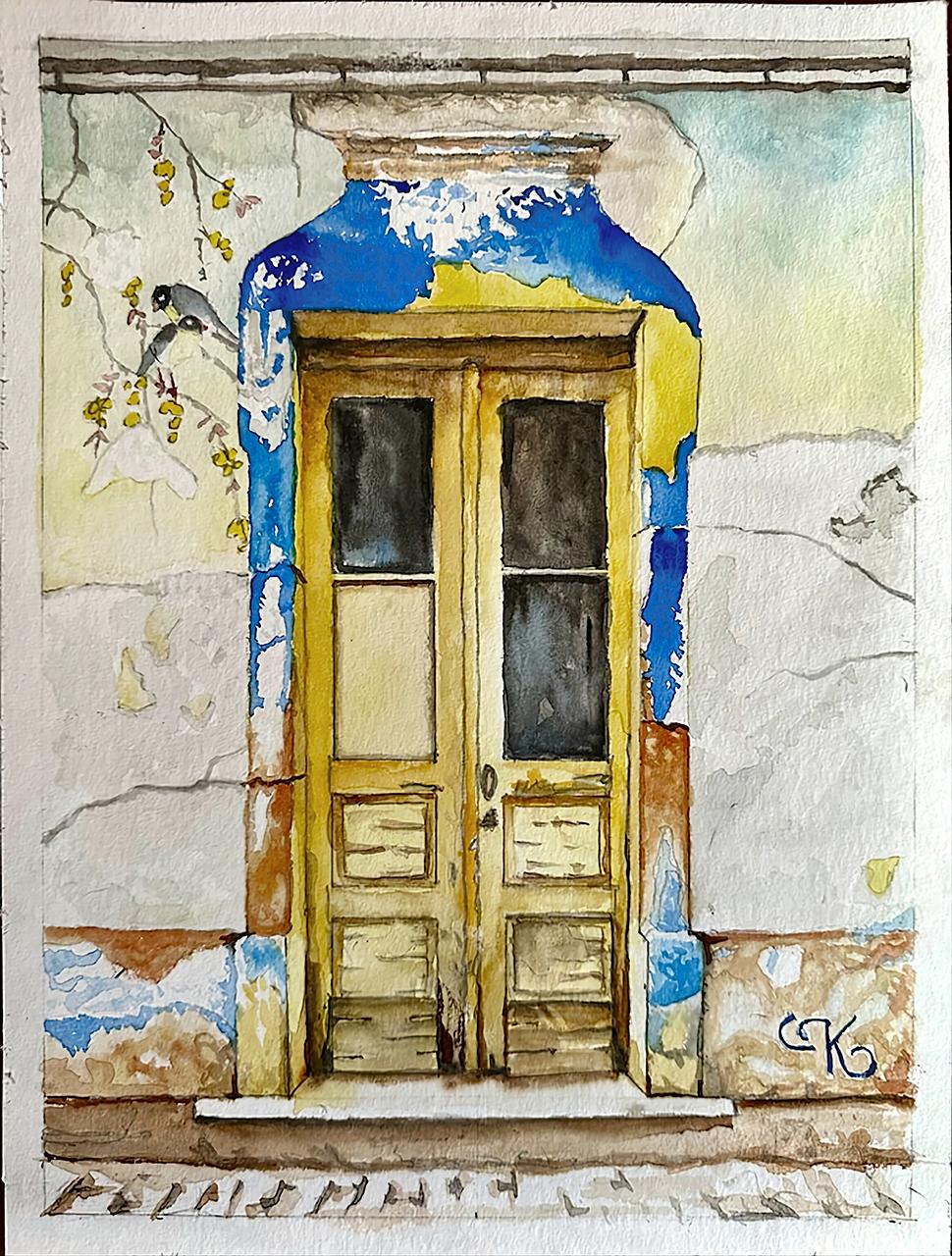 Aquarelle d'une porte ancienne, abimée, bleue et jaune