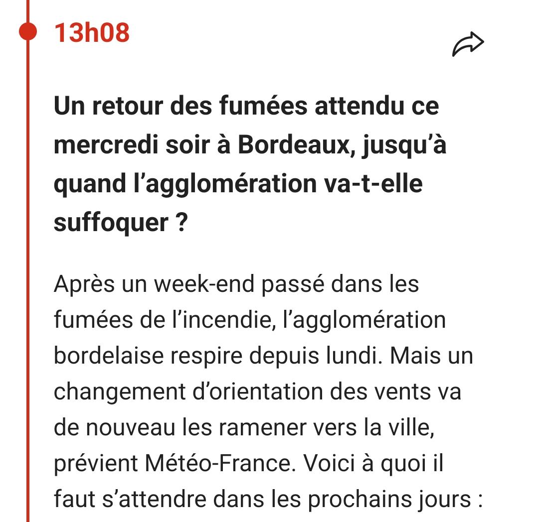 13h08

Un retour des fumées attendu ce mercredi soir à Bordeaux, jusqu'à quand l'agglomération va-t-elle suffoquer ?

Après un week-end passé dans les fumées de l'incendie, l'agglomération bordelaise respire depuis lundi. Mais un changement d'orientation des vents va de nouveau les ramener vers la ville, prévient Météo-France. Voici à quoi il faut s'attendre dans les prochains jours