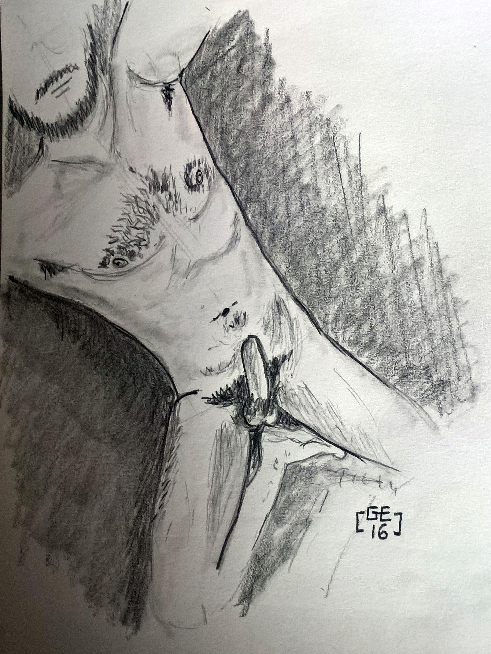 Un homme en position lascive avec une érection, dessin au crayon sur papier.

A man in a lascivious position with an erection, pencil drawing on paper.