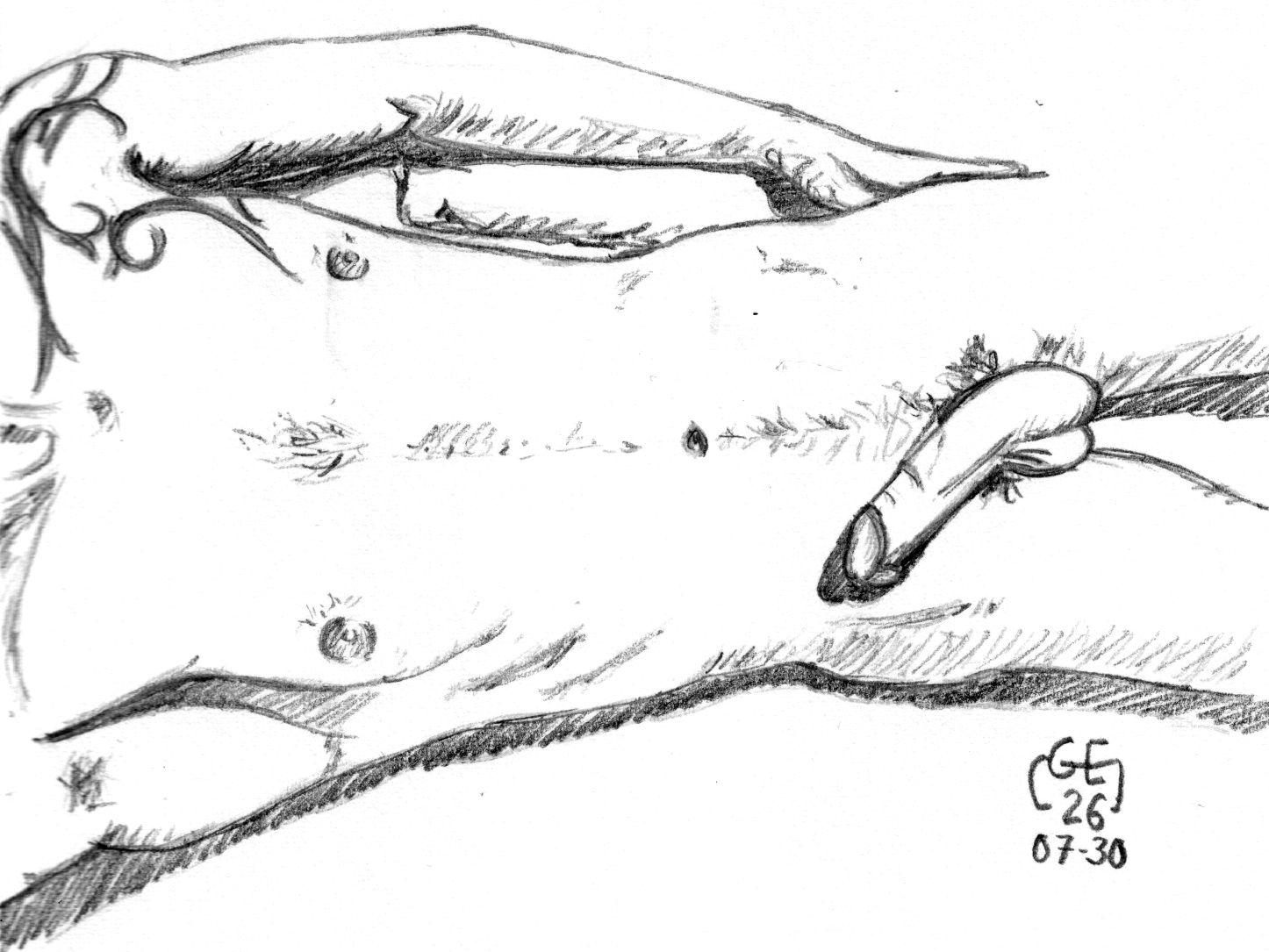 Un homme nu allongé avec un tatouage sur l'épaule gauche. Crayon sur papier.

A naked man lying with a tattoo on his left shoulder. Pencil on paper.