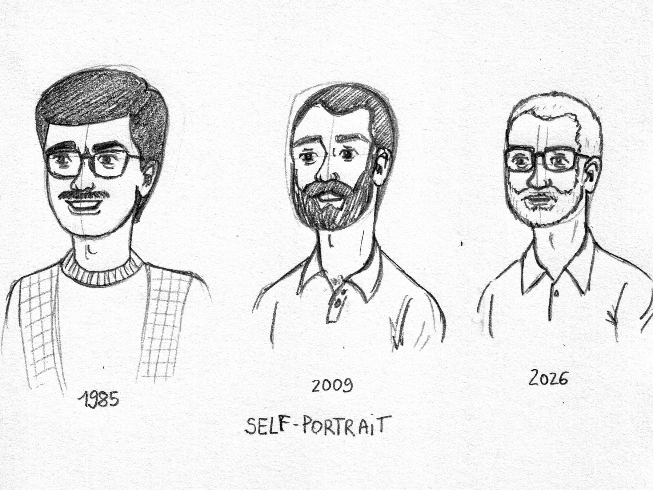 Trois auto-portraits façon BD, me représentant à 15, 39 et 56 ans. Crayon sur papier.

Three comic book-style self-portraits, representing me at 15, 39 and 56 years old. Pencil on paper.