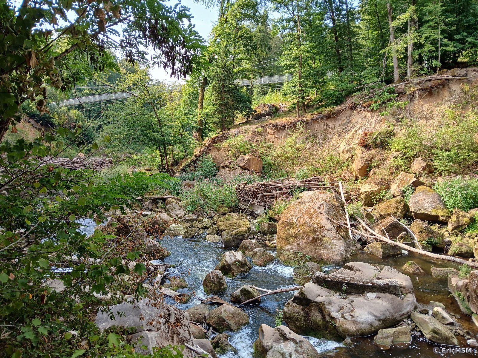 Les chutes d'eau d'Irrel, après les innondations terribles de 2021, la géographie des lieux a fort changé, l'ancien pont sur la Prüm a été détruit et un pont suspendu le remplace un peu plus en aval, on le voit sur la photo prise au niveau de la rivière où étaient les cascades d'eau plus imposantes à l'époque...

The Irrel waterfalls, after the terrible floods of 2021, the geography of the place has changed significantly, the old bridge over the Prüm has been destroyed and a suspension bridge replaces it a little further downstream, we see it on the photo taken at river level where the larger waterfalls were at the time...