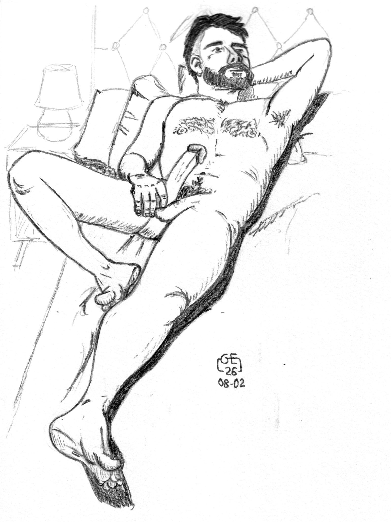 Un homme nu allongé sur son lit tenant son sexe en érection.

A naked man lying on his bed holding his erect penis.