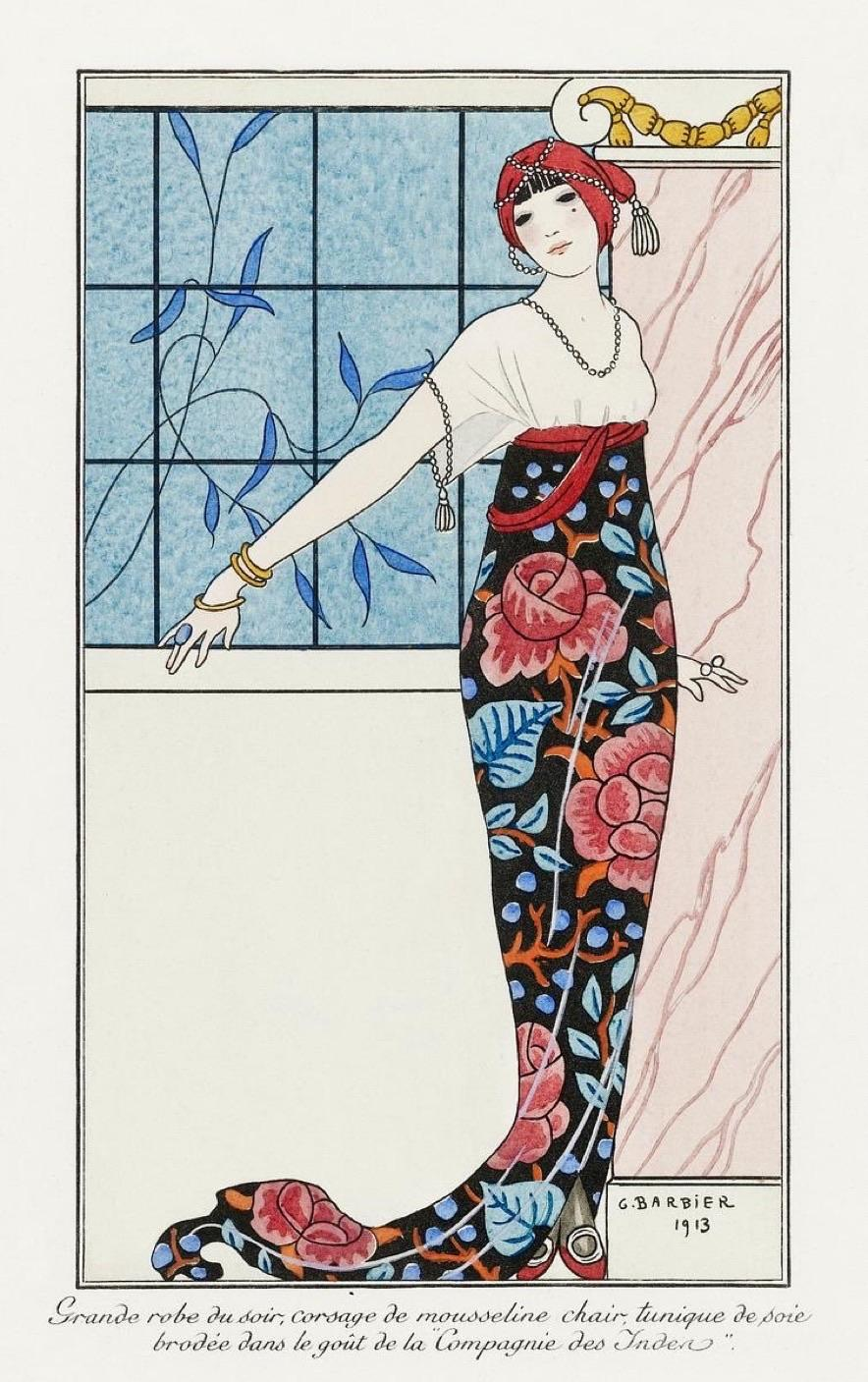 Grande robe du Soir - George Barbier - 1913
Un femme dans une robe fleurie

Large Evening Dress - George Barbier - 1913
A woman in a floral dress