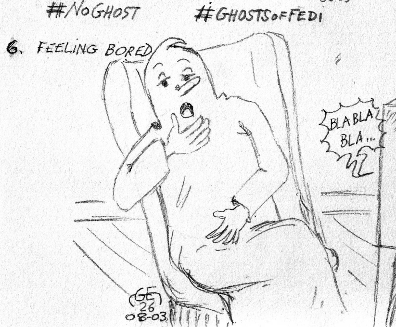 Un fantôme assis dans un fauteuil devant le téléviseur, baille tant il est fatigué du bla bla dans l'émission qu'il regarde... 

A ghost sitting in an armchair in front of the television yawns because he is so tired of the blah blah in the show he is watching...