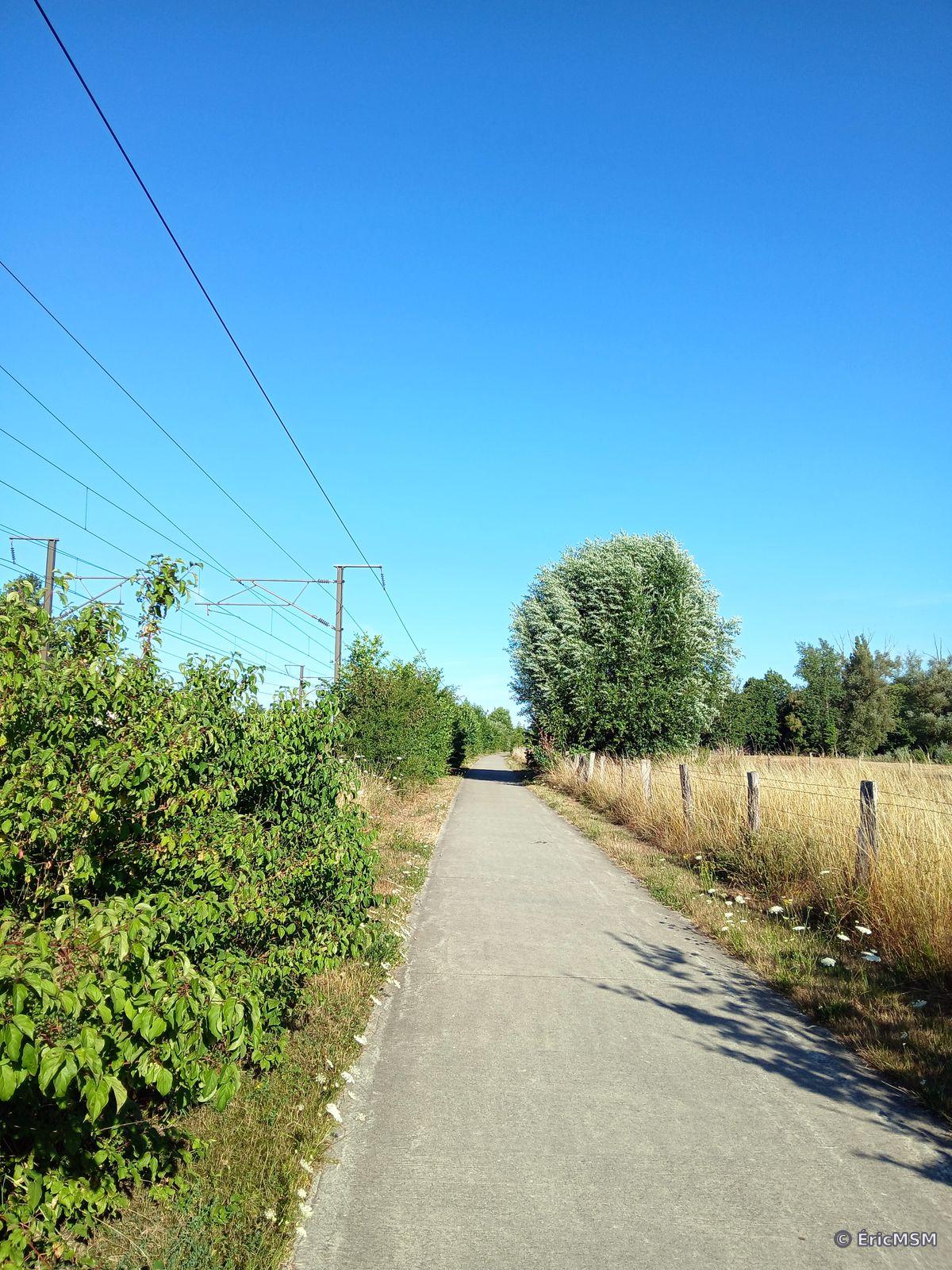 Un chemin bétonné le long d'un champ à droite et bordé par le chemin de fer à gauche.

A concrete path along a field on the right and bordered by the railway on the left.