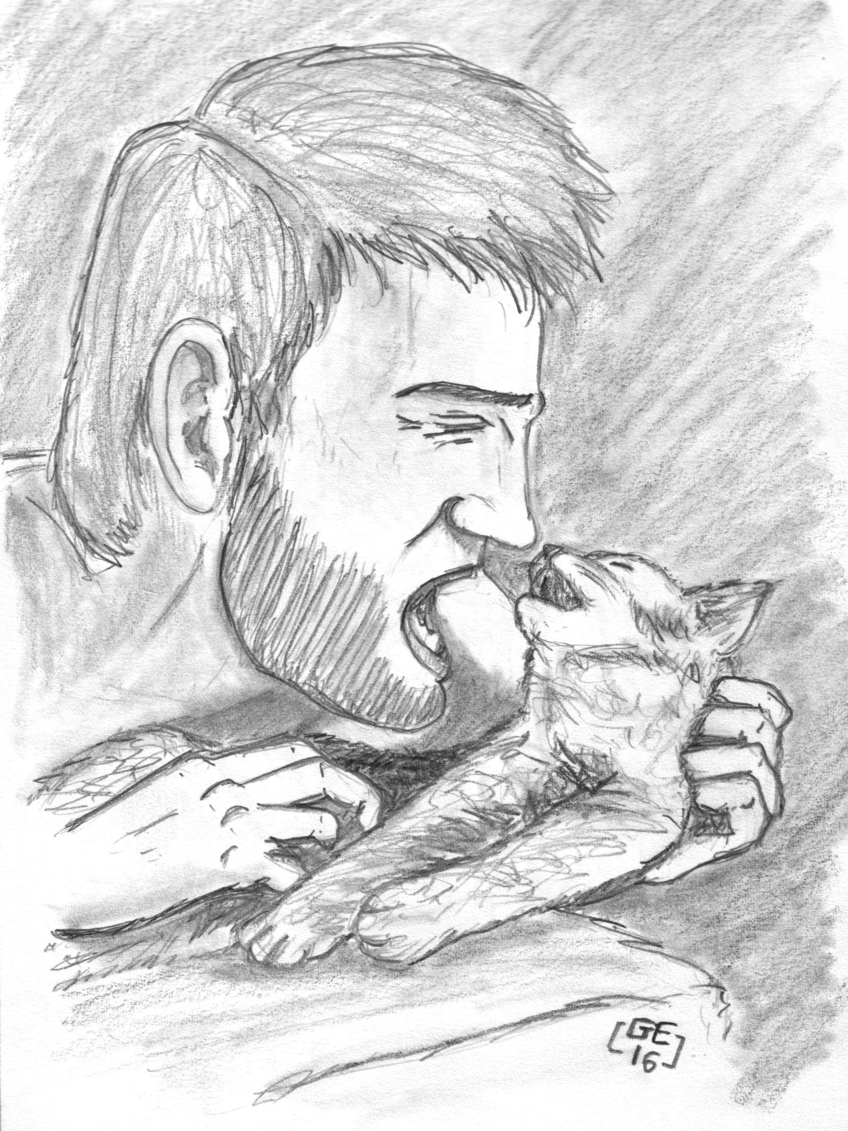 Un homme barbu imite le chat en le caressant. Crayon sur papier.

A bearded man cuddle with a cat. Pencil on paper.