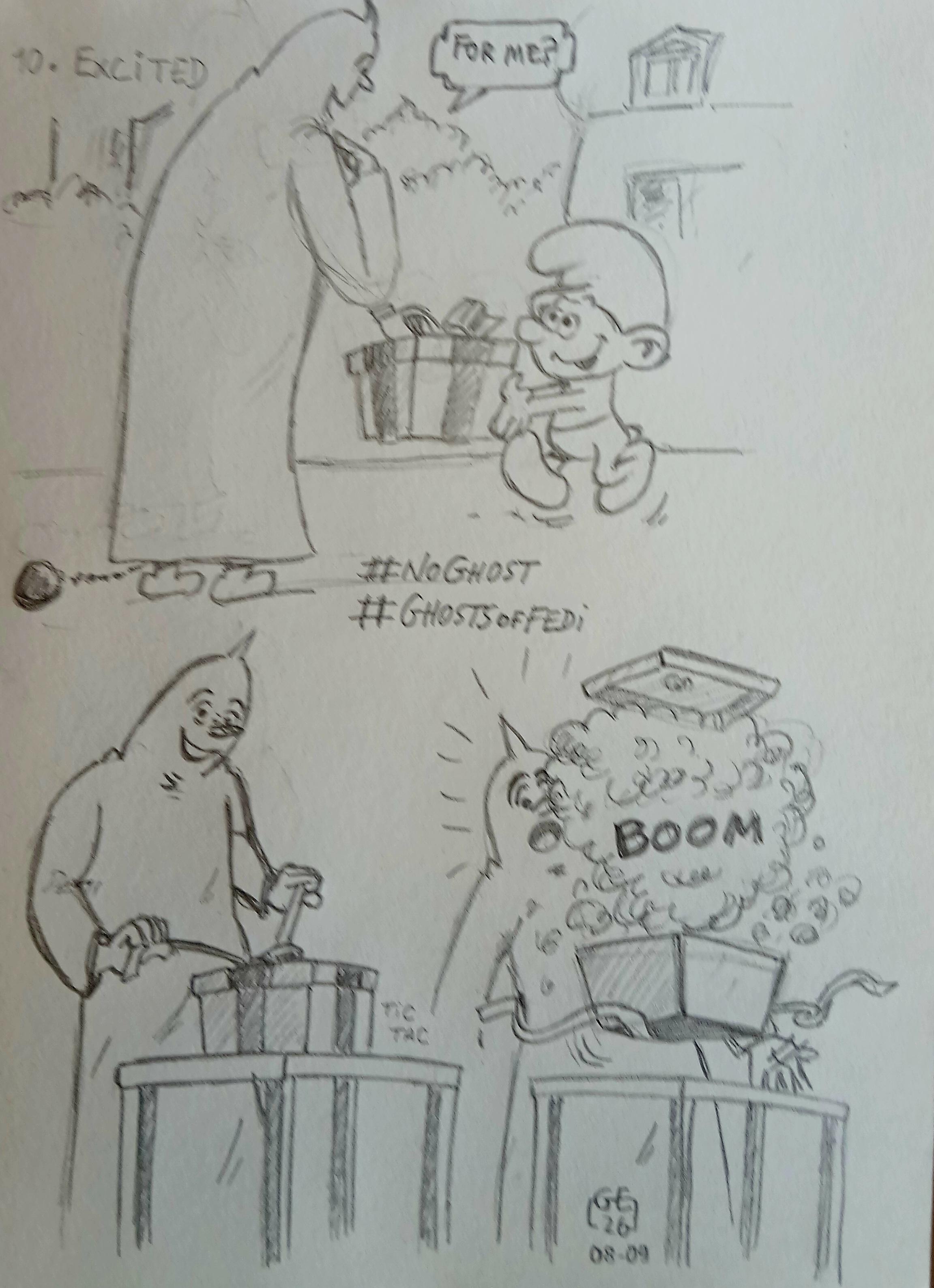 Le schtroumpf farceur offre un cadeau au fantôme qui est excité de l’ouvrir et boum, il lui explose à la figure.

Jokey offers a present at our Ghost, he excited to open it and then boom it explodes in the face.